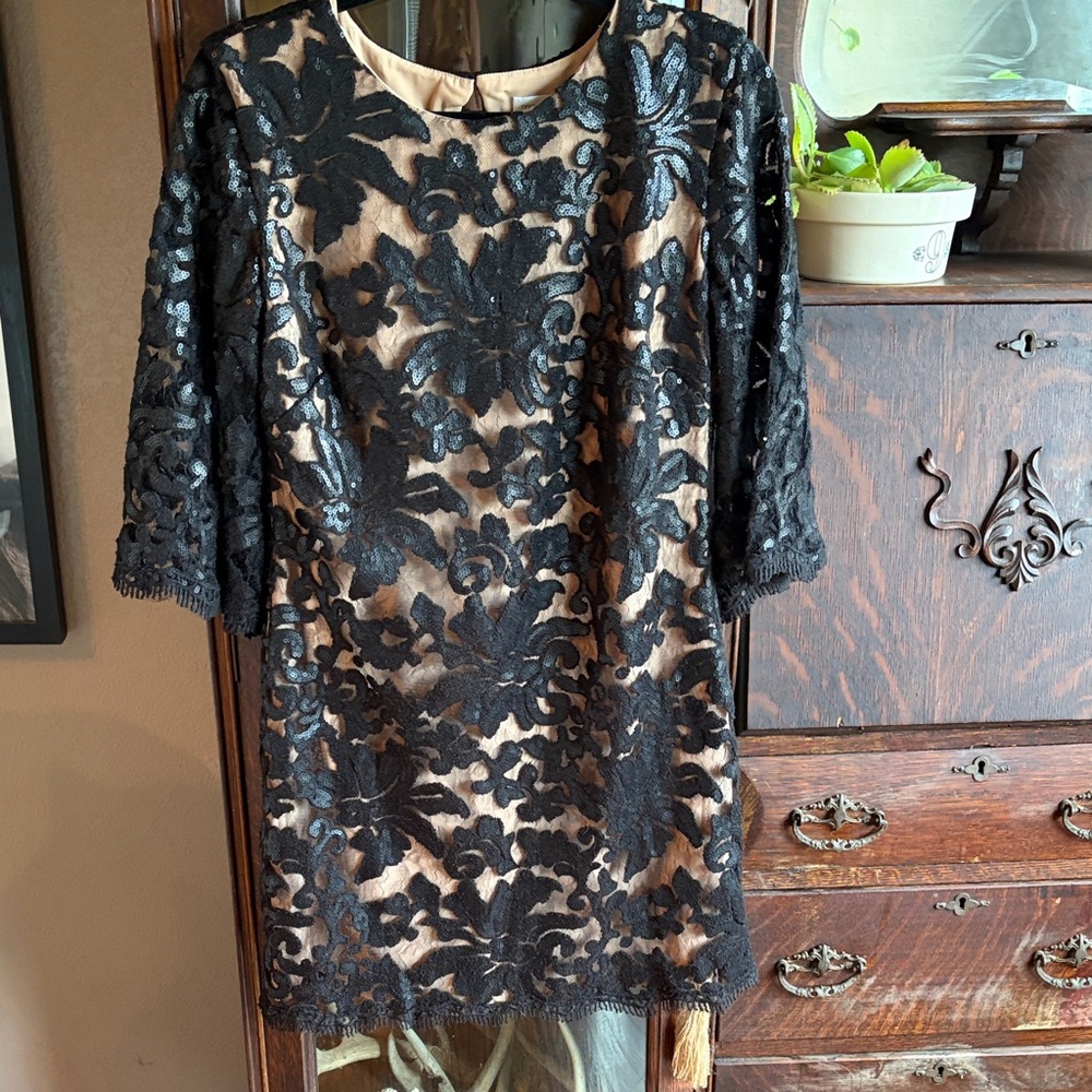 Dress the Population Black & Nude Lace Overlay Shift Dress size M